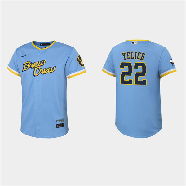 Youth Milwaukee Brewers #22 Christian Yelich Powder Blue 2022 Stitched City Connect Jersey