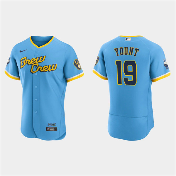 Mens Milwaukee Brewers #19 Robin Yount Powder Blue 2022 City Connect Authentic Jersey