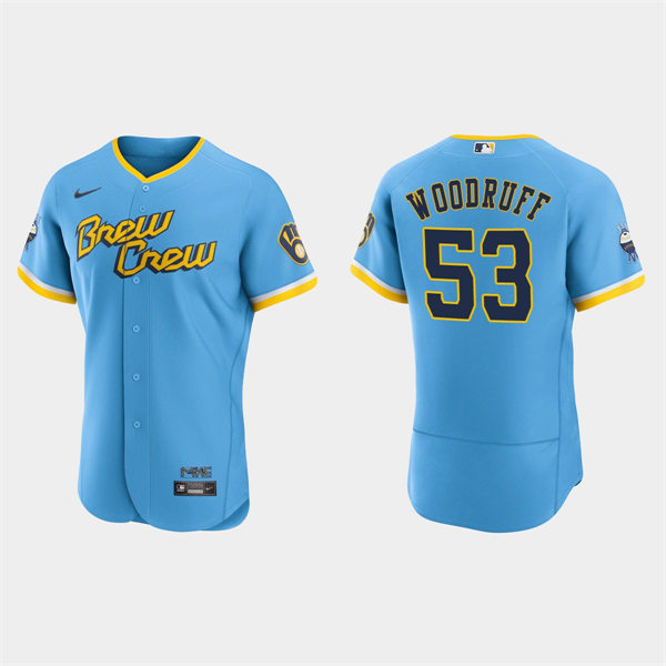 Mens Milwaukee Brewers #53 Brandon Woodruff 2022 City Connect Jersey Powder Blue