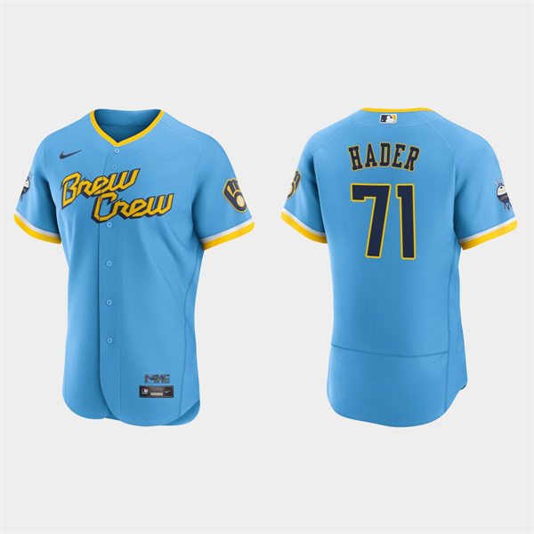 Mens Milwaukee Brewers #71 Josh Hader 2022 City Connect Jersey Powder Blue