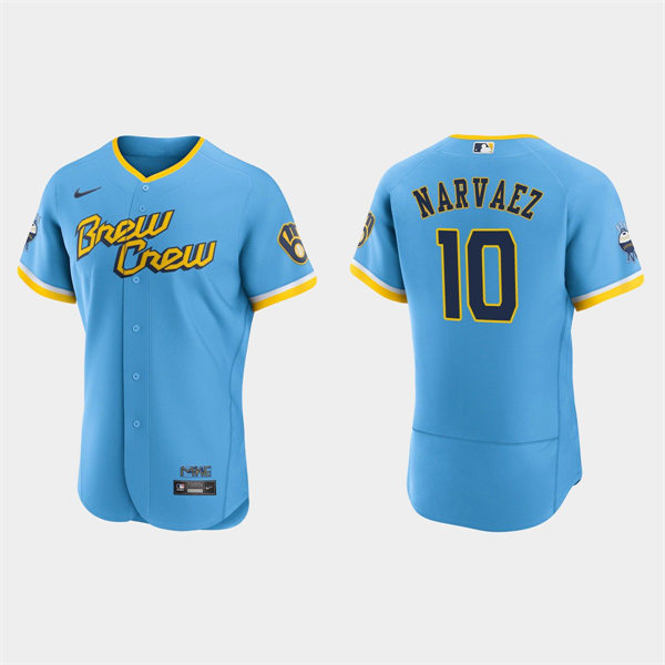 Mens Milwaukee Brewers #10 Omar Narvaez Powder Blue 2022 City Connect Authentic Jersey