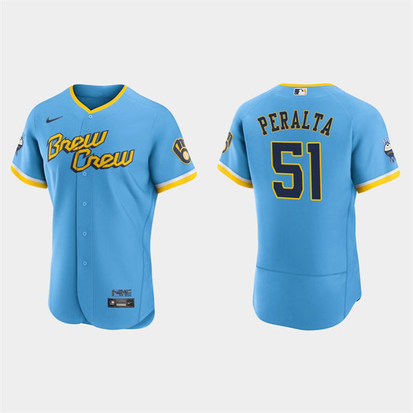 Mens Milwaukee Brewers #51 Freddy Peralta 2022 City Connect Jersey Powder Blue
