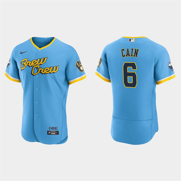 Mens Milwaukee Brewers #6 Lorenzo Cain Powder Blue 2022 City Connect Authentic Jersey