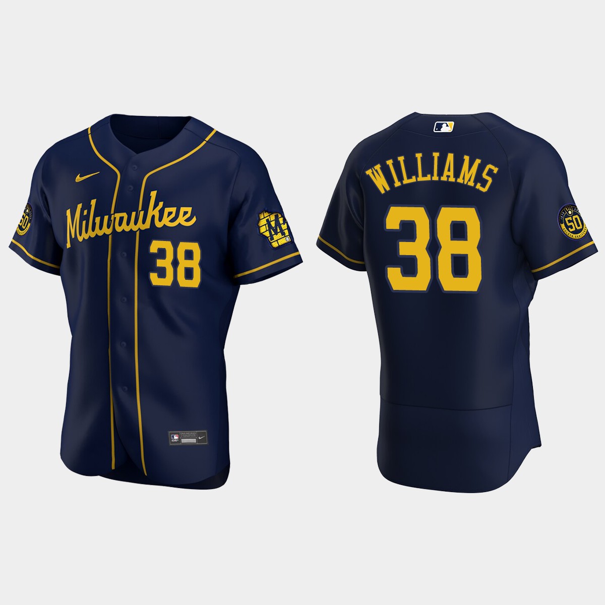 Mens Milwaukee Brewers #38 Devin Williams Nike Navy Alternate FlexBase Player Jersey