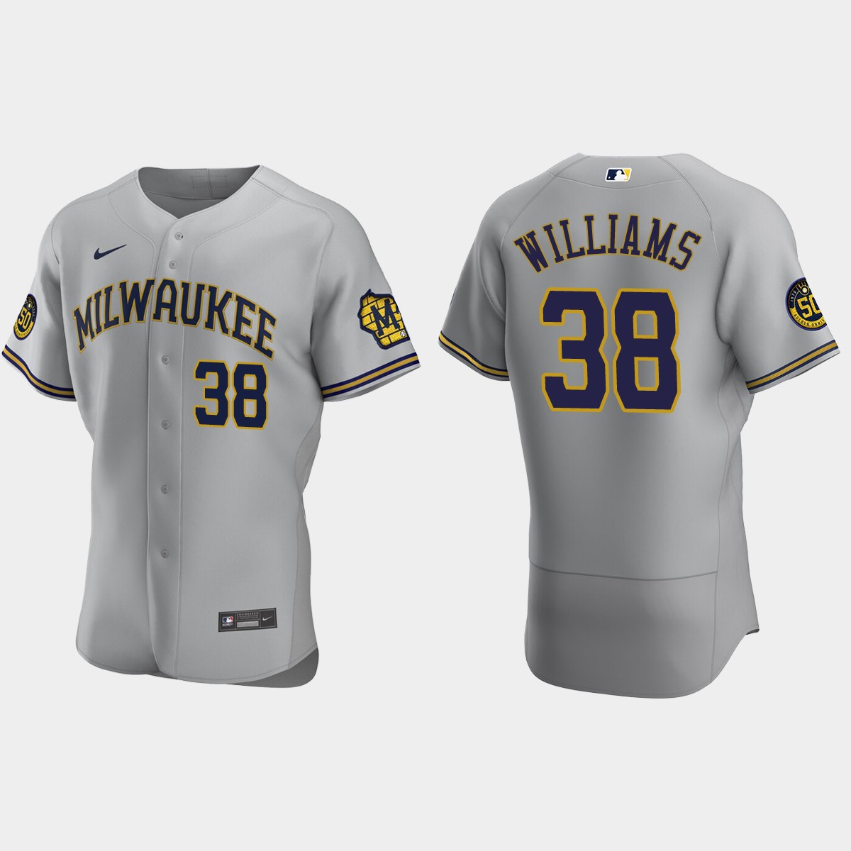 Mens Milwaukee Brewers #38 Devin Williams Nike Gray Road FlexBase Player Jersey