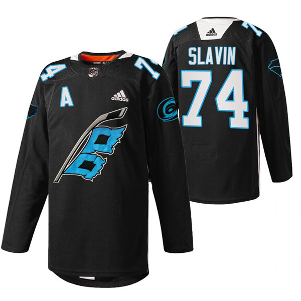 Mens Carolina Hurricanes #74 Jaccob Slavin 2022 Warm-up Black Night Jersey