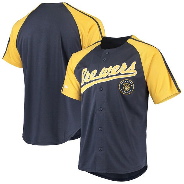Mens Youth Milwaukee Brewers Custom Stitches Navy Contrast-color raglan sleeves Jersey