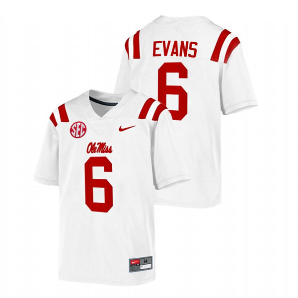 Mens Youth Ole Miss Rebels #6 Zach Evans 2022 White College Football Game Jersey