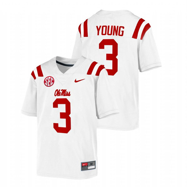 Mens Youth Ole Miss Rebels #3 Isheem Young 2022 White College Football Game Jersey
