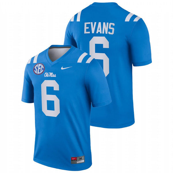 Mens Youth Ole Miss Rebels #6 Zach Evans 2022 Blue College Football Game Jersey