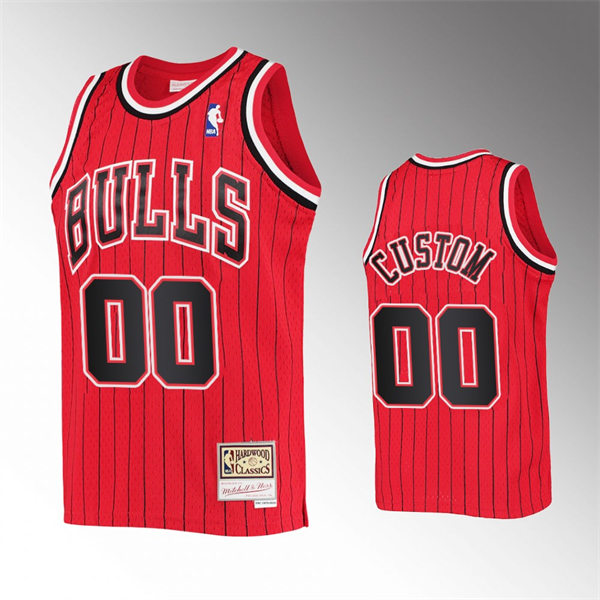 Mens Youth Chicago Bulls Custom Mitchell & Ness Red Black Pinstripe 1995-96 Hardwood Classics Reload Jersey