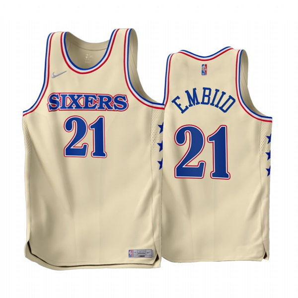 Mens Philadelphia 76ers #21 Joel Embiid 2022-23 Cream Earned Edition Jersey