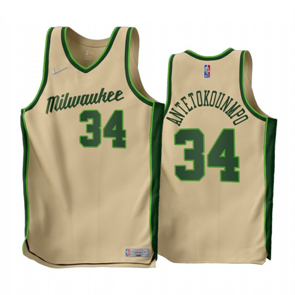 Mens Milwaukee Bucks #34 Giannis Antetokounmpo 2022-23 Cream Earned Edition Jersey