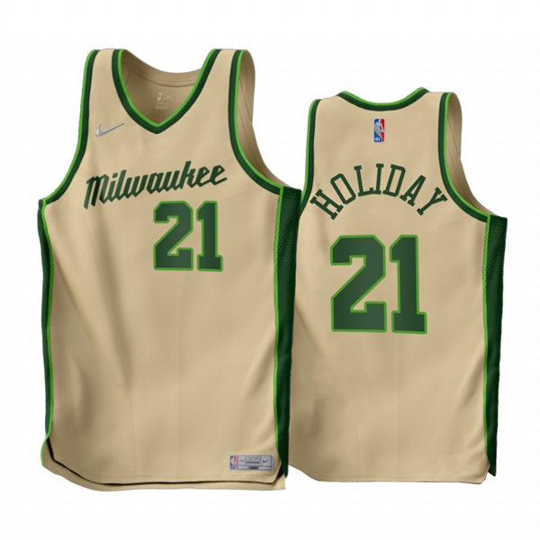 Mens Milwaukee Bucks #21 Jrue Holiday 2022-23 Cream Earned Edition Jersey
