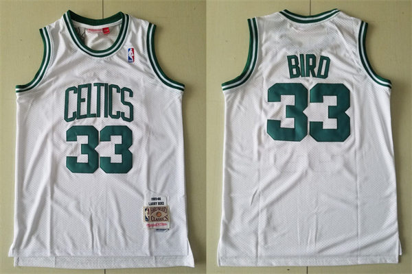 Mens Boston Celtics #33 Larry Bird White 1985-86 Mitchell & Ness Hardwood Classics Throwback Jersey