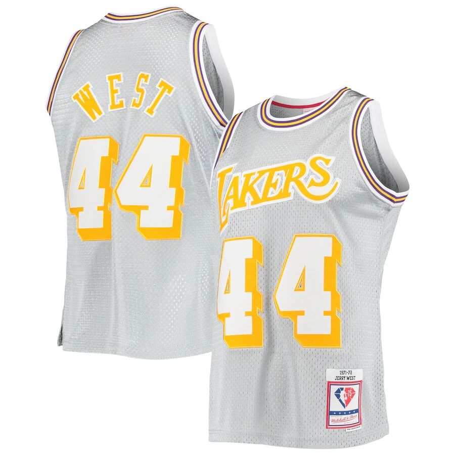 Mens Los Angeles Lakers #44 Jerry West Mitchell & Ness Silver 1971-72 Hardwood Classics Swingman Jersey