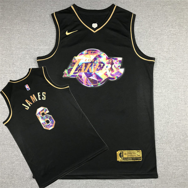 Mens Los Angeles Lakers #6 LeBron James 2021-22 Diamond Team Logo NBA 75th Season Black Golden Jersey