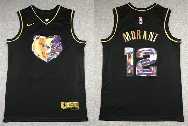Mens Memphis Grizzlies #12 Ja Morant 2021-22 Diamond Team Logo NBA 75th Season Black  Golden Jersey
