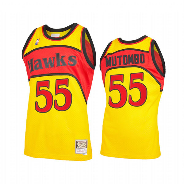 Mens Atlanta Hawks #55 Dikembe Mutombo Yellow Retro 1986-87 Hardwood Classics Jersey