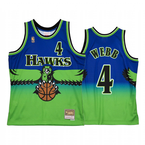Mens Atlanta Hawks #4 Spud Webb Blue Green Retro 1996-97 Hardwood Classics Throwback Jersey