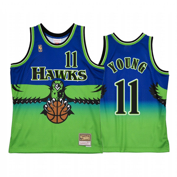 Mens Atlanta Hawks #11 Trae Young Blue Green Retro 1996-97 Hardwood Classics Throwback Jersey