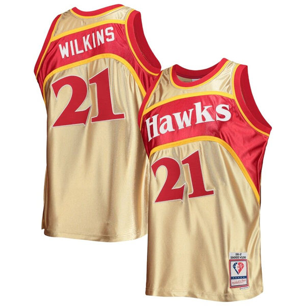 Mens Atlanta Hawks #21 Dominique Wilkins Mitchell & Ness 75th Anniversary Gold 1986-87 Hardwood Classics Swingman Jersey