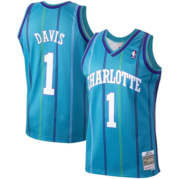 Men's Charlotte Hornets #1 Baron Davis Teal Pinstripe 1999-00 Hardwood Classics Swingman Jersey