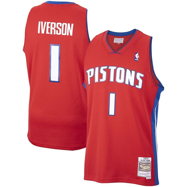 Mens Detroit Pistons #1 Allen Iverson Mitchell & Ness Red 2008-09 Hardwood Classics Throwback Jersey