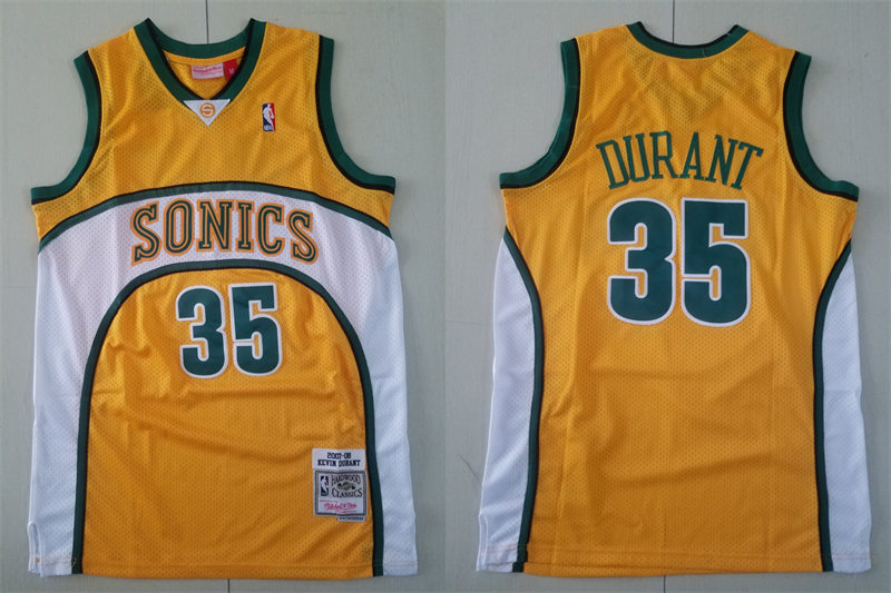 Men's Seattle Supersonics #35 Kevin Durant Yellow 2007-08 Hardwood Classics Throwback Jersey