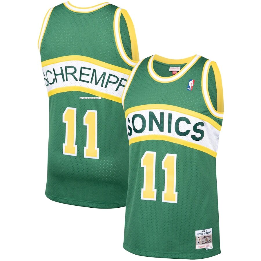 Mens Seattle SuperSonics #11 Detlef Schrempf Green Yellow Mitchell & Ness 1994-95 Hardwood Classics Jersey