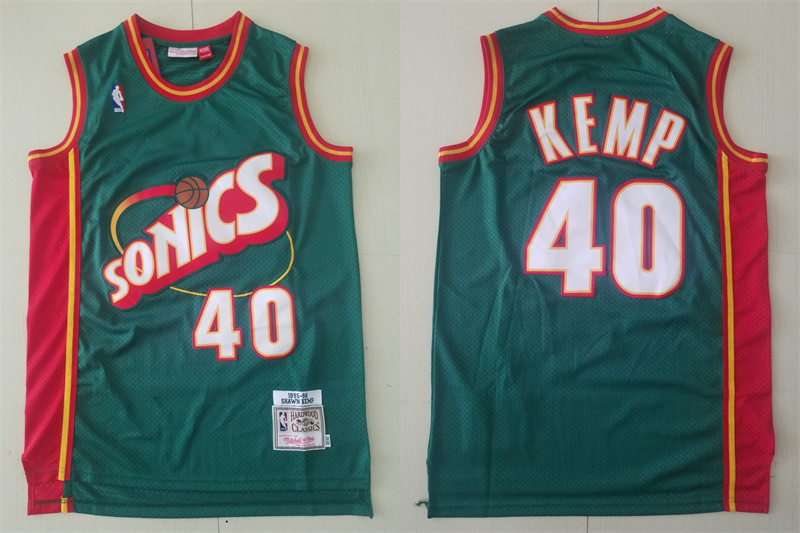 Men's Seattle Supersonics #40 Shawn Kemp Green Mitchell & Ness 1995-96 Retro 2.0  Hardwood Classics Throwback Jersey