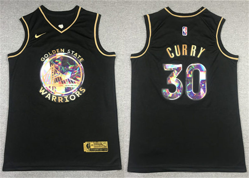 Mens Golden State Warriors #30 Stephen Curry 2021-22 Diamond Team Logo NBA 75th Anniversary Black Golden Jersey