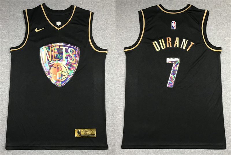 Mens Brooklyn Nets #7 Kevin Durant 2021-22 Diamond Team Logo NBA 75th Anniversary Black  Golden Jersey