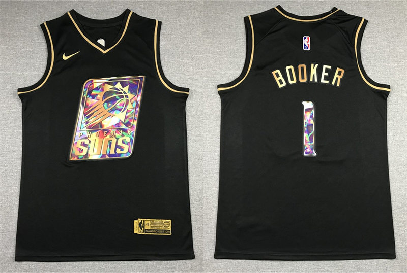 Mens Phoenix Suns #1 Devin Booker 2021-22 Diamond Team Logo NBA 75th Anniversary Black Golden Jersey
