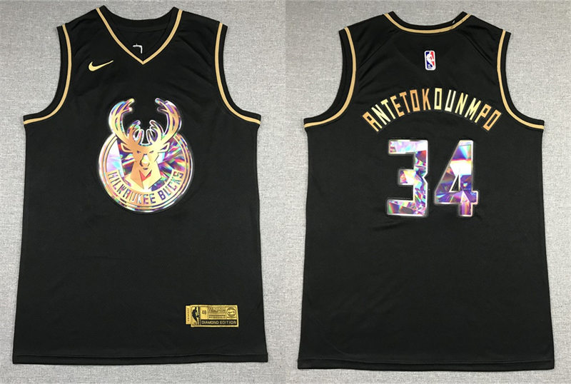 Mens Milwaukee Bucks #34 Giannis Antetokounmpo 2021-22 Diamond Team Logo NBA 75th Anniversary Black Golden Jersey