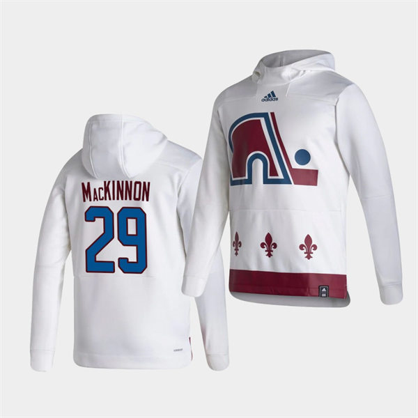 Mens Colorado Avalanche #29 Nathan MacKinnon White 2021 Reverse Retro Pullover Special Edition Hoodie