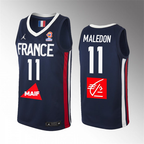 Mens Youth France Team #11 Theo Maledon Home Navy 2023 FIBA Basketball World Cup FFBB Jersey