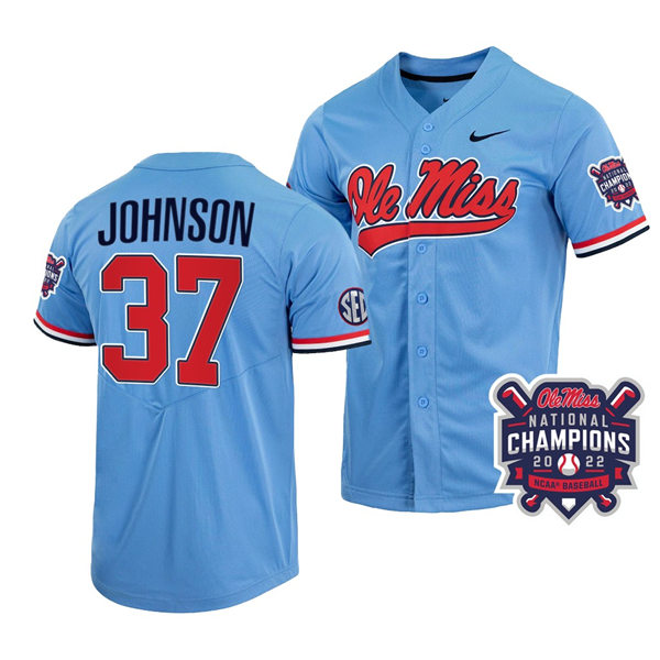 Mens Youth Ole Miss Rebels #37 Brandon Johnson Powder Blue 2022 College Baseball World Series Champions Jersey