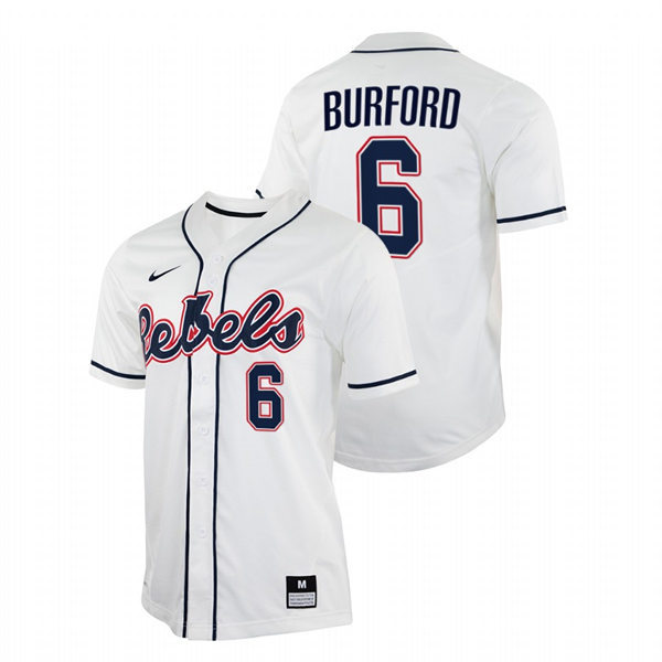 Mens Youth Ole Miss Rebels #6 Reagan Burford White College Baseball Game Jersey
