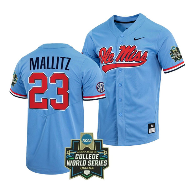 Mens Youth Ole Miss Rebels #23 Josh Mallitz Powder Blue 2022 College Baseball World Series Champions Jersey