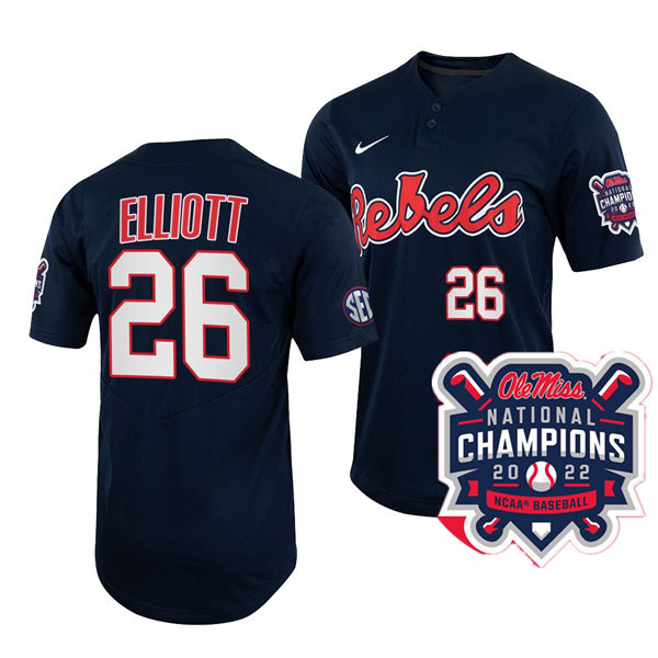 Mens Youth Ole Miss Rebels #26 Hunter Elliott Navy 2022 College Baseball World Series Champions Jersey