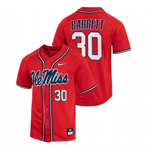 Mens Youth Ole Miss Rebels #30 Aaron Barrett Red College Baseball Game Jersey