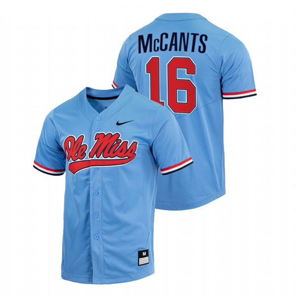 Mens Youth Ole Miss Rebels #16 TJ McCants Powder Blue College Baseball Game Jersey