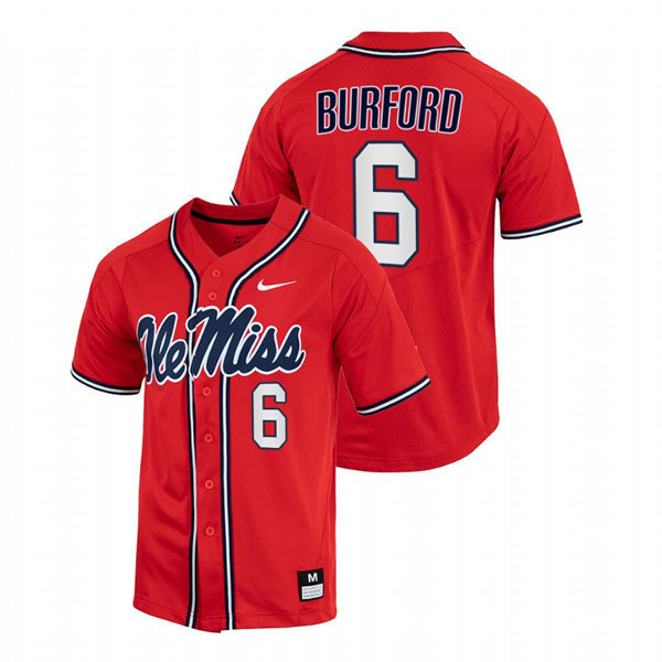 Mens Youth Ole Miss Rebels #6 Reagan Burford Red College Baseball Game Jersey