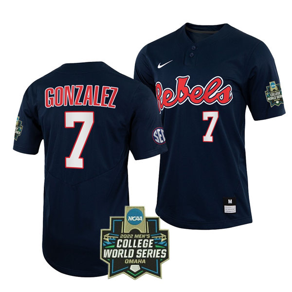 Mens Youth Ole Miss Rebels #7 Jacob Gonzalez Navy 2022 College Baseball World Series Champions Jersey