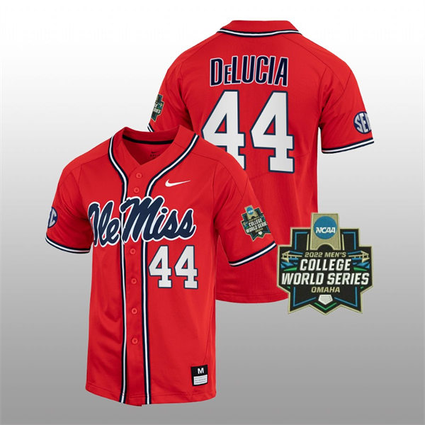 Mens Youth Ole Miss Rebels #44 Dylan DeLucia Red 2022 College Baseball World Series Champions Jersey