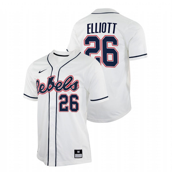 Mens Youth Ole Miss Rebels #26 Hunter Elliott White College Baseball Game Jersey