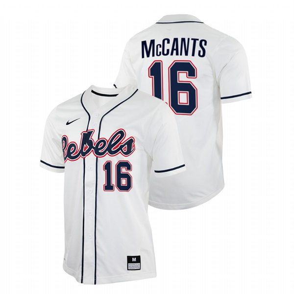 Mens Youth Ole Miss Rebels #16 TJ McCants White College Baseball Game Jersey