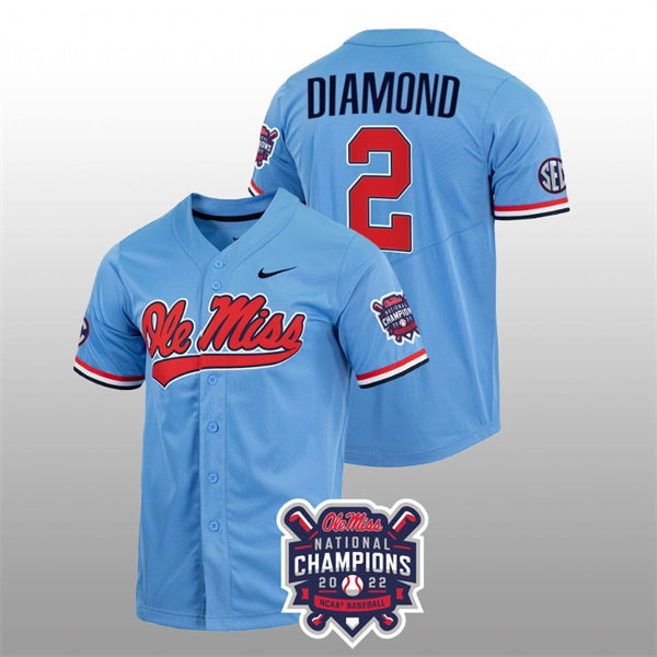 Mens Youth Ole Miss Rebels #2 Derek Diamond  Powder Blue 2022 College Baseball World Series Champions Jersey