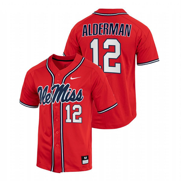 Mens Youth Ole Miss Rebels #12 Kemp Alderman Red College Baseball Game Jersey